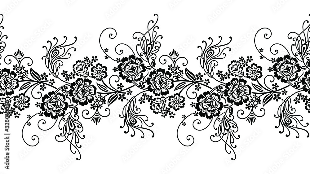 Wall mural Black and white border with feathers and flowers