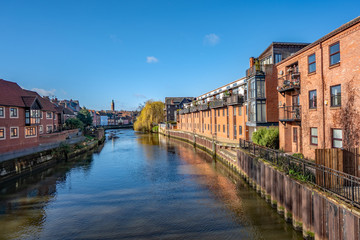 View from a bridge down the River Wensum in the city of Norwich