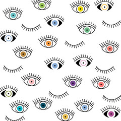 Eye seamless pattern. Vector hand drawn. Open and close eyes with lash background