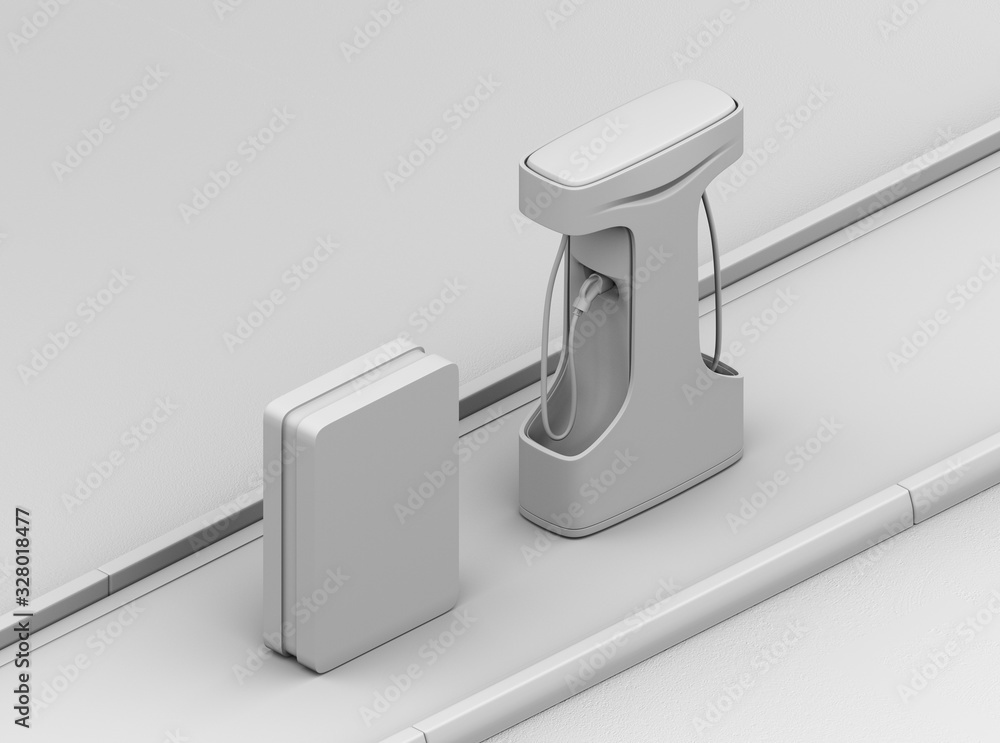 Poster isometric view of public ev charging station. 3d clay rendering image.