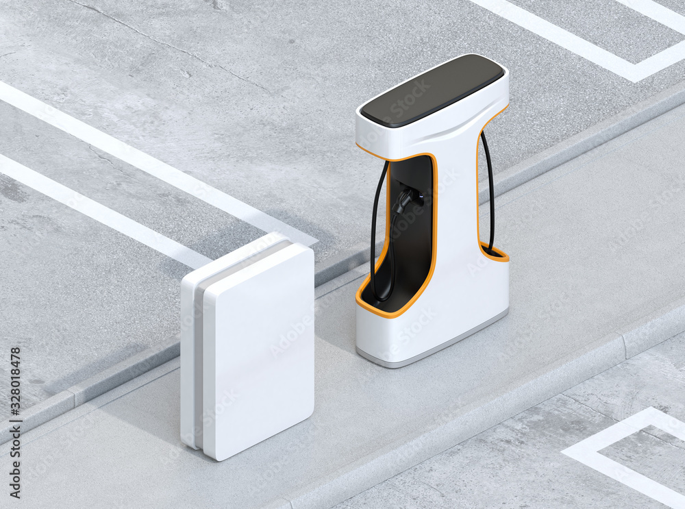 Poster isometric view of public ev charging station. 3d rendering image.