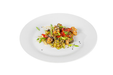 vegetables with meat, chicken, pork, zucchini, tomato, sesame seeds and green onions, with teriyaki sauce, fried, baked portion on plate, white background, Side view