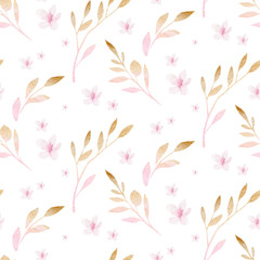 Spring bird seamless pattern on blooming branch with green leaves and flowers. Watercolor wallpaper backgraund  blossom painting. Hand drawn pink wreath design. Cherry isolated branch 