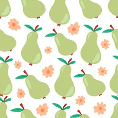 Seamless pattern of green pear with leaf, flower. Pear of simple trendy cartoon style for natural food, fruit, kids walppaper, textile, design. Vector illustration.