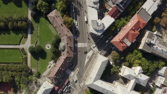 Aerial drone shot in Bratislava showing comparison and contrast. Buildings in the centre vs. greenery in Medicka Garden. Flying to the left, first houses, then park. Mavic2pro 25fps ProRes422