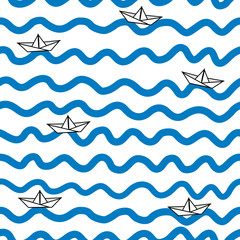 Seamless marine pattern with black white paper boats on hand drawn blue sea waves on white background. ESP 10 vector illustration, vintage style