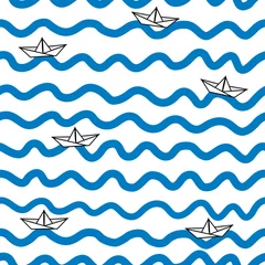 Papier Peint Lavable Vagues de la mer Motif marin sans couture avec des bateaux en papier blanc noir sur les vagues de la mer bleue dessinées à la main sur fond blanc. Illustration vectorielle ESP 10, style vintage