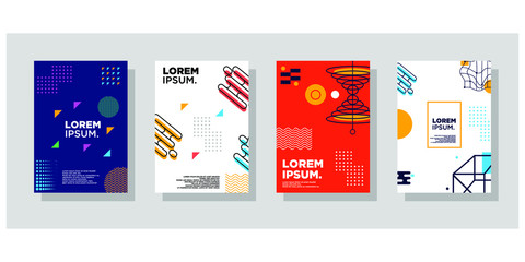Fototapeta premium Set of neo memphis geometric style covers. Collection of cool bright covers. Abstract aesthetic line linear shapes compositions Vector.