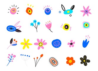 Set of floral branch. Flower white rose, green leaves. Set of flat icon flower icons in silhouette isolated on white. Cute retro design in bright colors for stickers, labels, tags, gift wrapping paper