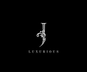 Initial J letter silver luxury beauty flourishes vintage monogram logo perfect for boutique, wedding invitation, restaurant,hotel.