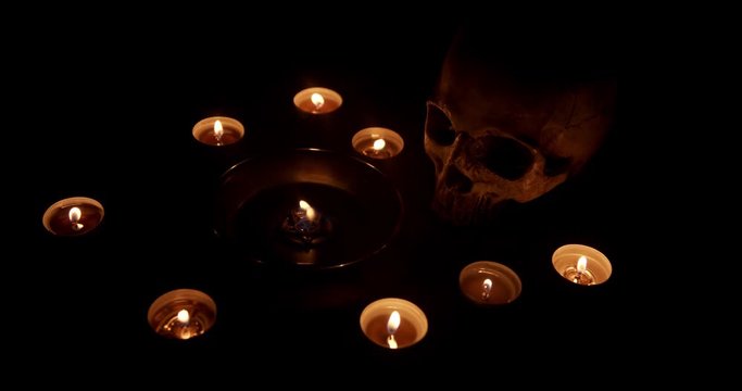 Burning pentacle on altar closeup footage