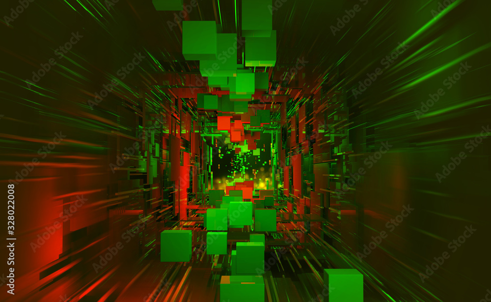 Aufkleber Futuristic sci-fi cyberspace in neon light. Blocks of information in a digital data stream. Portal, gate, tunnel and city of future 3D illustration. Abstract database