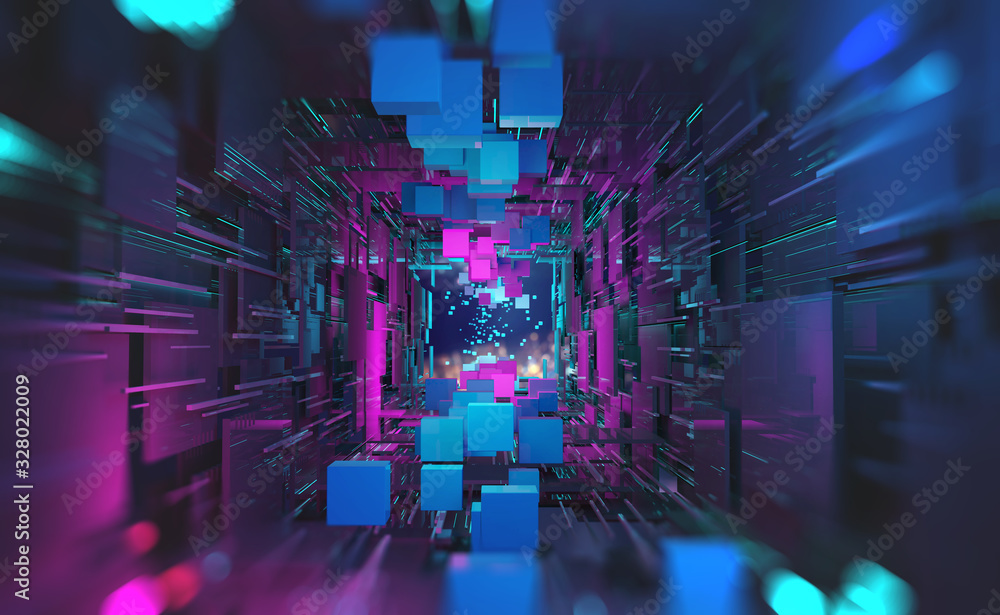Leinwandbilder Futuristic sci-fi cyberspace in neon light. Blocks of information in a digital data stream. Portal, gate, tunnel and city of future 3D illustration. Abstract database