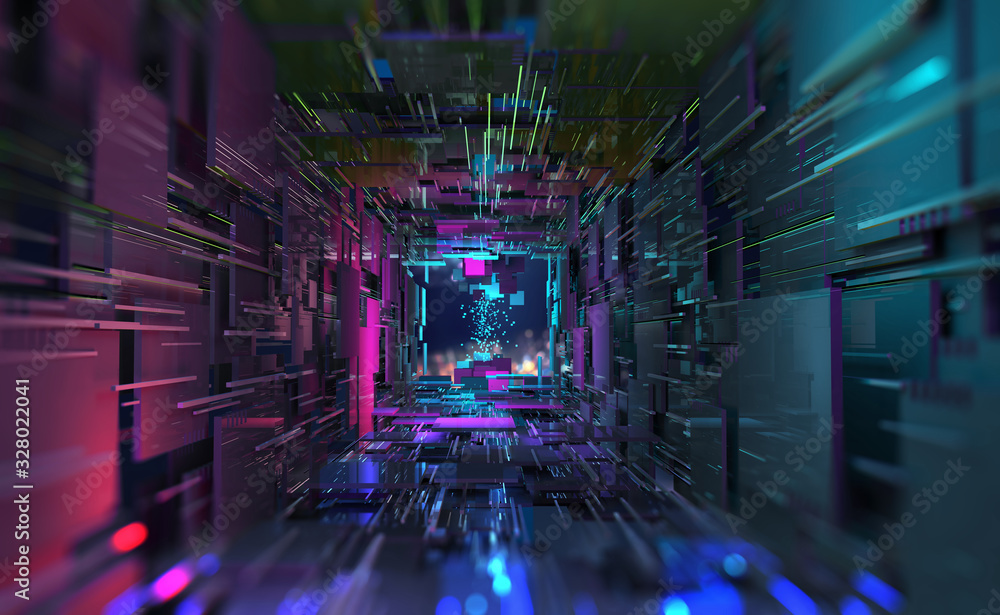 Aufkleber Virtual Data Center. Digital streams and future technology. Deep machine learning 3D  illustration. Flight in quantum cyberspace