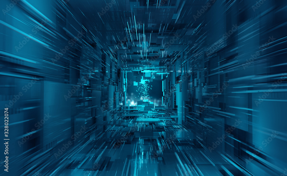 Aufkleber Virtual Data Center. Digital streams and future technology. Deep machine learning 3D  illustration. Flight in quantum cyberspace
