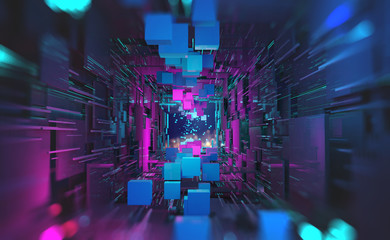 Futuristic sci-fi cyberspace in neon light. Blocks of information in a digital data stream. Portal, gate, tunnel and city of future 3D illustration. Abstract database