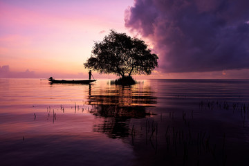 Fototapeta na wymiar A fisherman on longtail boat and a cork tree agianst beautiful sky background