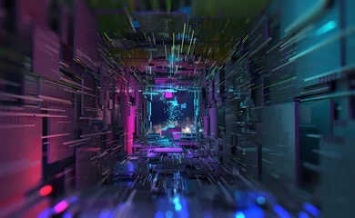 Foto op Plexiglas Virtual Data Center. Digital streams and future technology. Deep machine learning 3D  illustration. Flight in quantum cyberspace © Siarhei