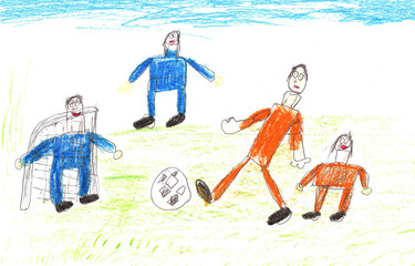 Child drawing of a happy Sports Family Playing Soccer.Active healthy lifestyle.Pencil art in childish style.