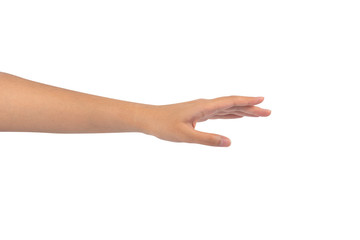 Beautiful female hand open and ready to reach or touch. Gesture isolated on white background.