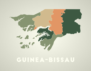 Guinea-Bissau poster in retro style. Map of the country with regions in autumn color palette. Shape of Guinea-Bissau with country name. Appealing vector illustration.