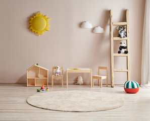 Modern baby room concept cradle bed and wooden cabinet, toys and table style.