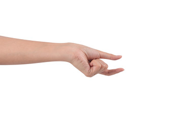 Close-up of woman's hand holding or turning something isolated on white background.