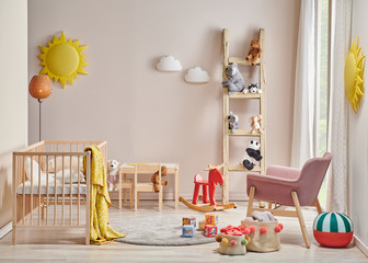 Modern baby room concept cradle bed and wooden cabinet, toys and table style.