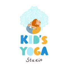Vector colorful kids yoga studio logo with illustration of little girl doing yoga isolated on white background