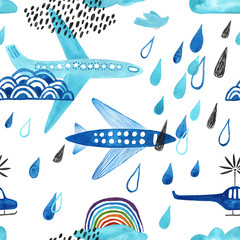Kids Rainy Seamless Pattern With Airplanes