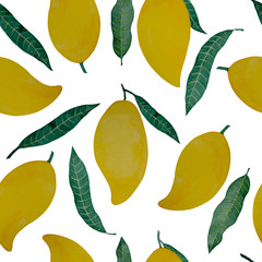 Yellow ripe mangoes fruits and green leaf illustration seamless repeat pattern, watercolor hand drawing isolated die cut and clipping path on white background for wallpaper and fabric textiles printed