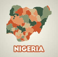 Nigeria poster in retro style. Map of the country with regions in autumn color palette. Shape of Nigeria with country name. Authentic vector illustration.