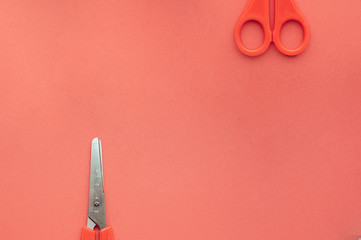 Monochrome minimalistic picture. parts of metal scissors with a measuring ruler and a red handle on a red clean flat background.