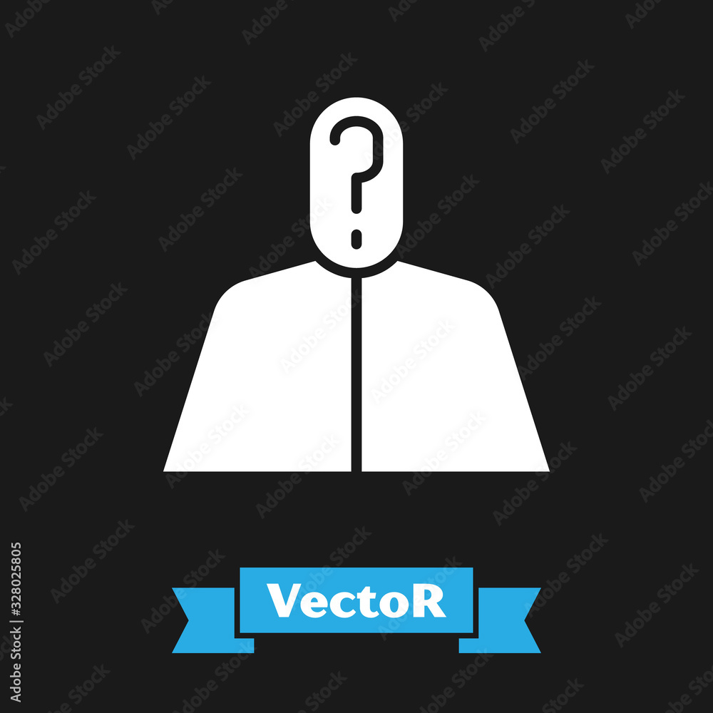 Poster white anonymous man with question mark icon isolated on black background. unknown user, incognito pr
