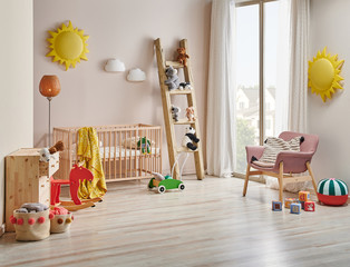 Modern baby room wooden furniture design with cradle.