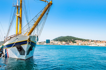 City of Split skyline, Croatia, waterfront and old ships in the harbor, Adriatic coast, beautiful blue seascape