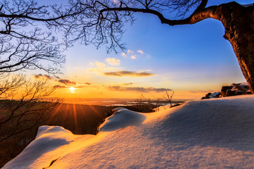 sunset in the snow... Winter landscape in Germany, with snow and ice.  beautiful view from Feldberg in the Taunus. trees covered with snow - obrazy, fototapety, plakaty