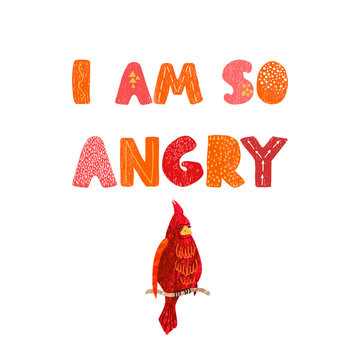 Vector illustration with bird and hand drawn lettering - I am so angry. Colorful typography design in Scandinavian style for postcard, banner, t-shirt print, invitation, greeting card, poster