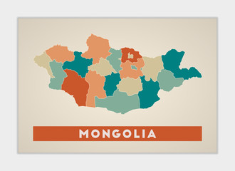 Mongolia poster. Map of the country with colorful regions. Shape of Mongolia with country name. Amazing vector illustration.
