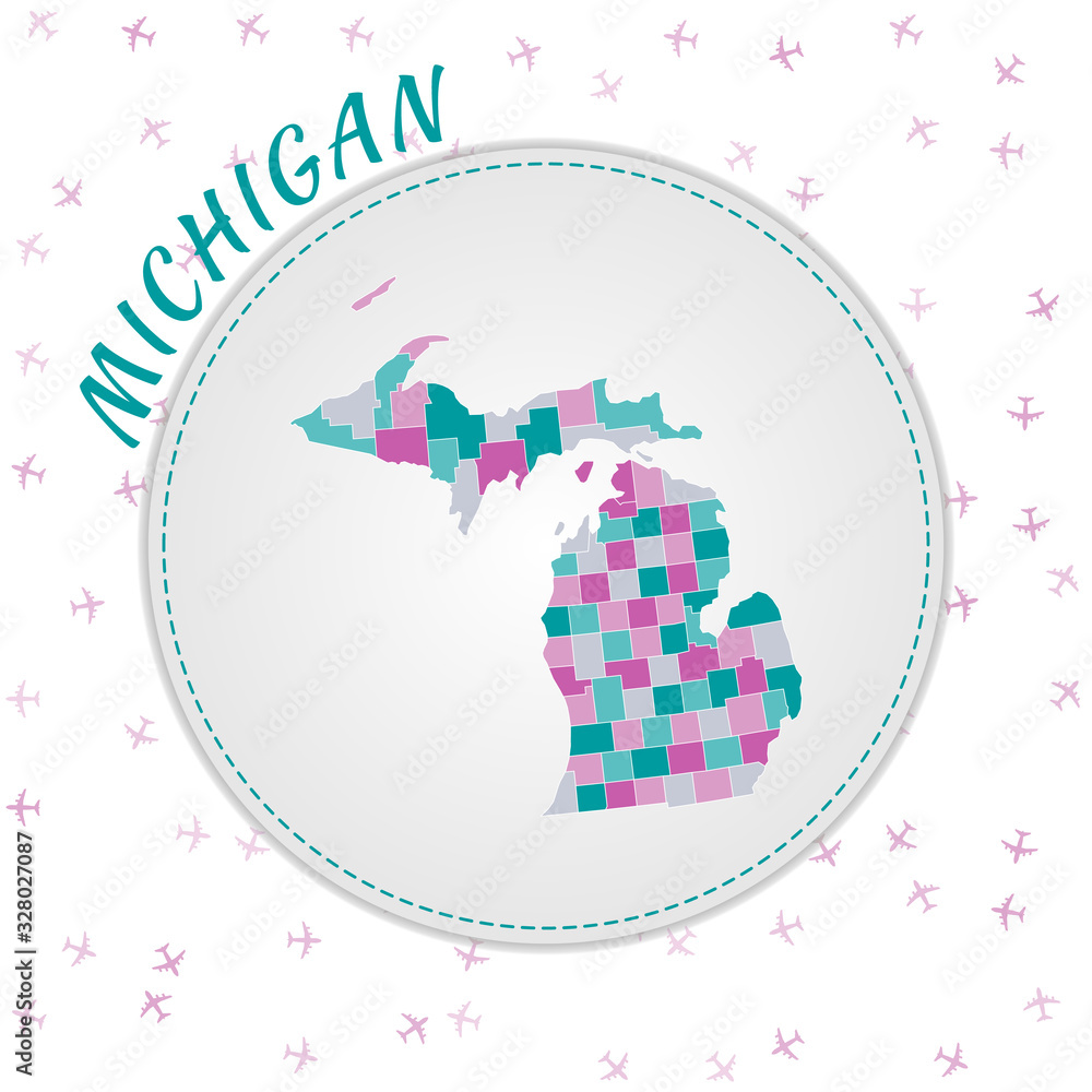 Poster michigan map design. map of the us state with regions in emerald-amethyst color palette. rounded tra