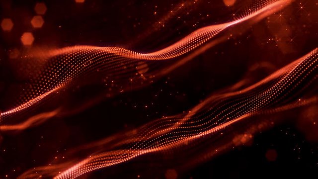 4k looped sci-fi red background with bokeh and light effects. Glow red color particles form lines, surfaces, string structures as virtual space or hologram for HUD screen.