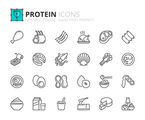 Simple set of outline icons about proteins. Meat, fish, seafood, legumes, nuts, eggs and dairy products.