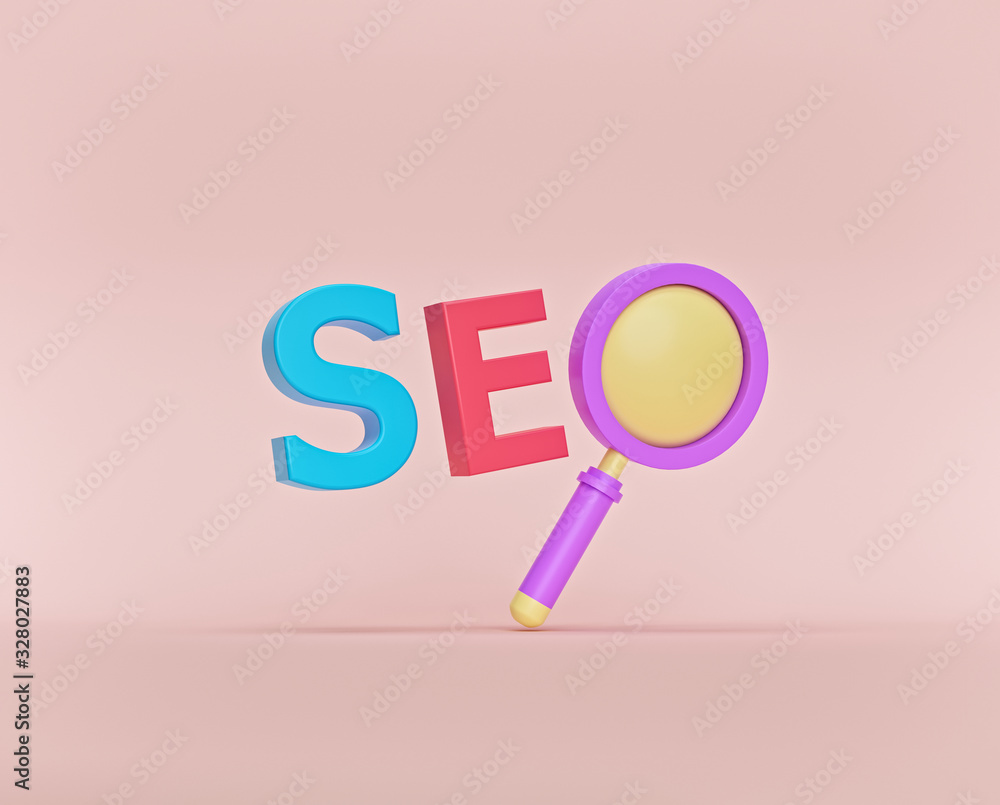 Poster seo, search engine optimization ranking concept with magnifying glass. minimal style. 3d rendering