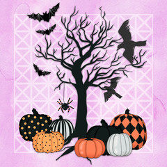 Obraz na płótnie Canvas Happy Halloween Scenes Isolated On A White Background Halloween Tree Hand Drawn Pumpkins Illustration 