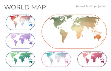 Low Poly World Map Set. Natural Earth projection. Collection of the world maps in geometric style. Vector illustration.