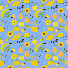 Fototapeta na wymiar Spring seamless pattern. Fruits, berries, insects and flowers on a blue background. flat vector. illustration
