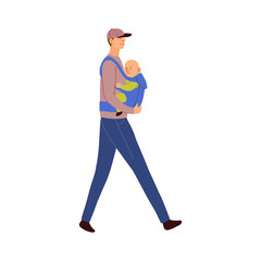 Vector colorful illustration of father carries the baby in an ergo backpack or babycarrier isolated on white background