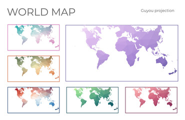 Naklejka na ściany i meble Low Poly World Map Set. Guyou hemisphere-in-a-square projection. Collection of the world maps in geometric style. Vector illustration.