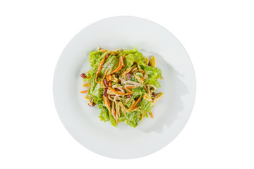 salad with beans, asparagus, Korean carrots, chicken, lettuce on plate, white isolated background, view from above. For the menu, restaurant, bar cafe