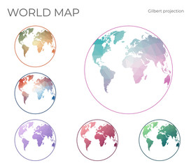 Low Poly World Map Set. Gilbert's two-world perspective projection. Collection of the world maps in geometric style. Vector illustration.